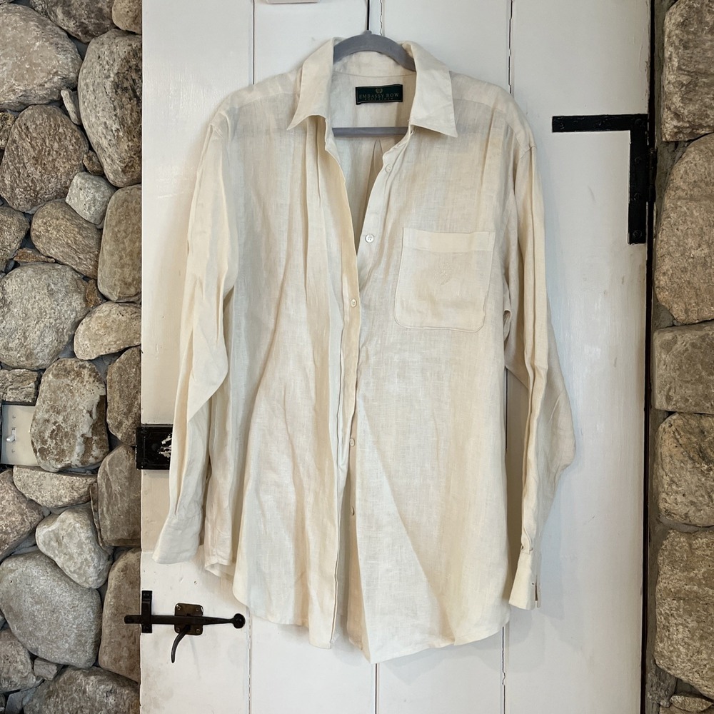 Embassy Row Women's Tan Long Sleeve Button Front Pure Linen Shirt Sz 10